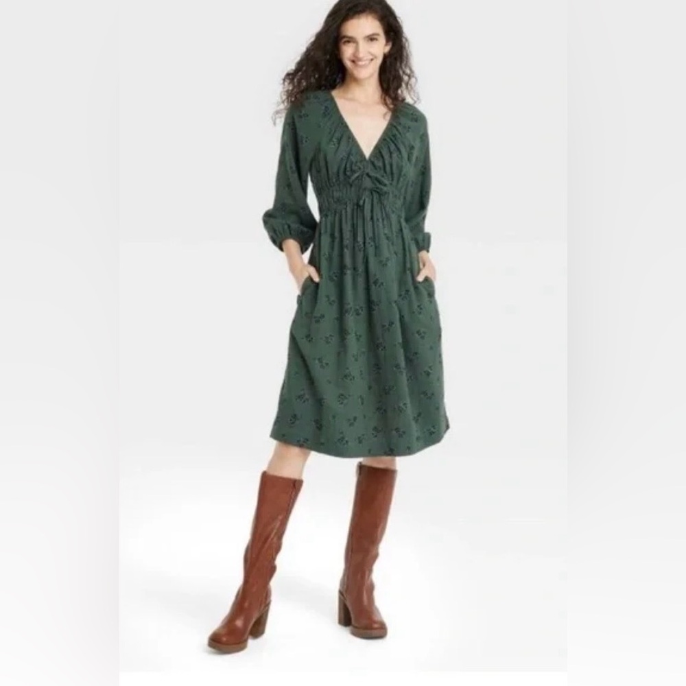 NWT Universal Thread Tie Front Puff Sleeve Midi Dress Linen Blend Floral Small